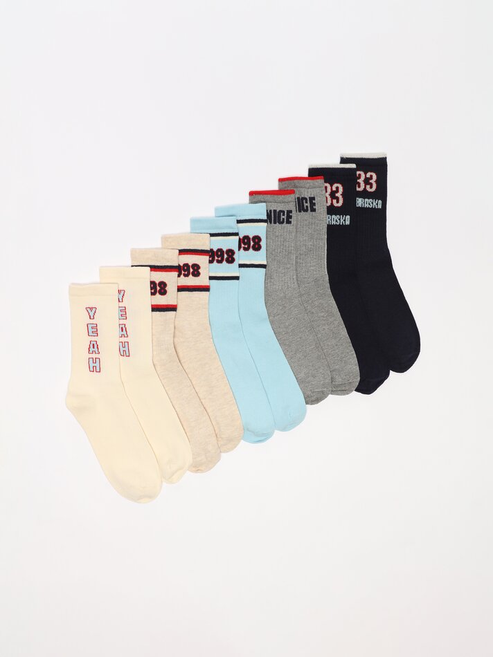 Pacote com 5 pares de meias caneladas estampadas - Cores Variadas