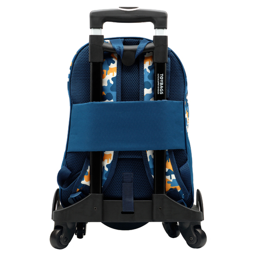 Mochila escolar Fortnite camuflada azul com dois compartimentos + carrinho para brinquedos com 4 rodas giratórias 360°