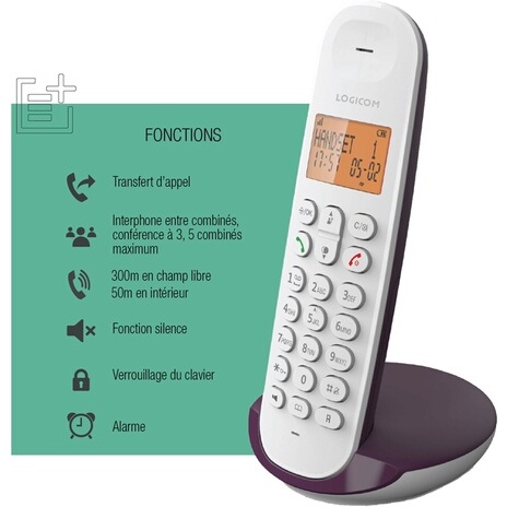 Téléphone sans fil Logicom DECT ILOA 150 SOLO AUBERGINE SANS REPONDEUR
