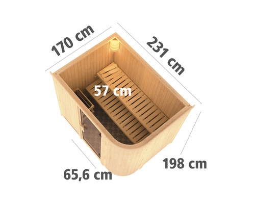 Elementsauna Karibu Korall IV zonder oven en dakkroon met grafietkleurige volledig glazen deur