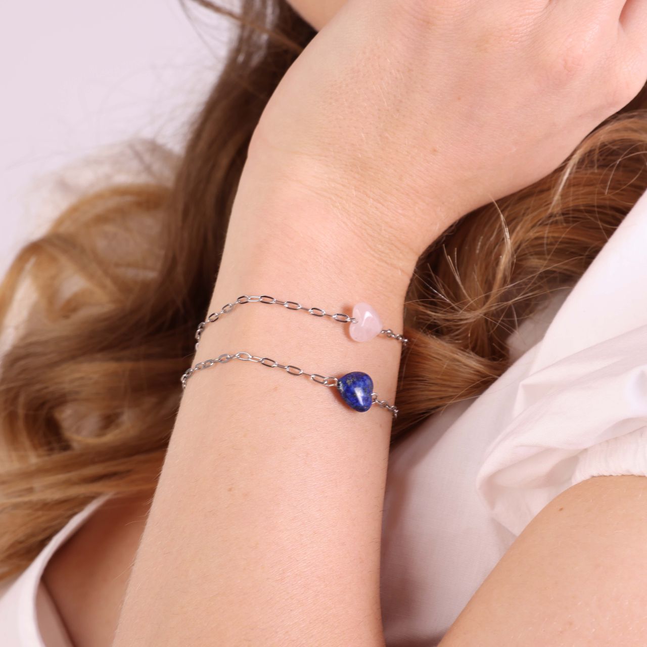 Stalen armband met hart rozenkwarts