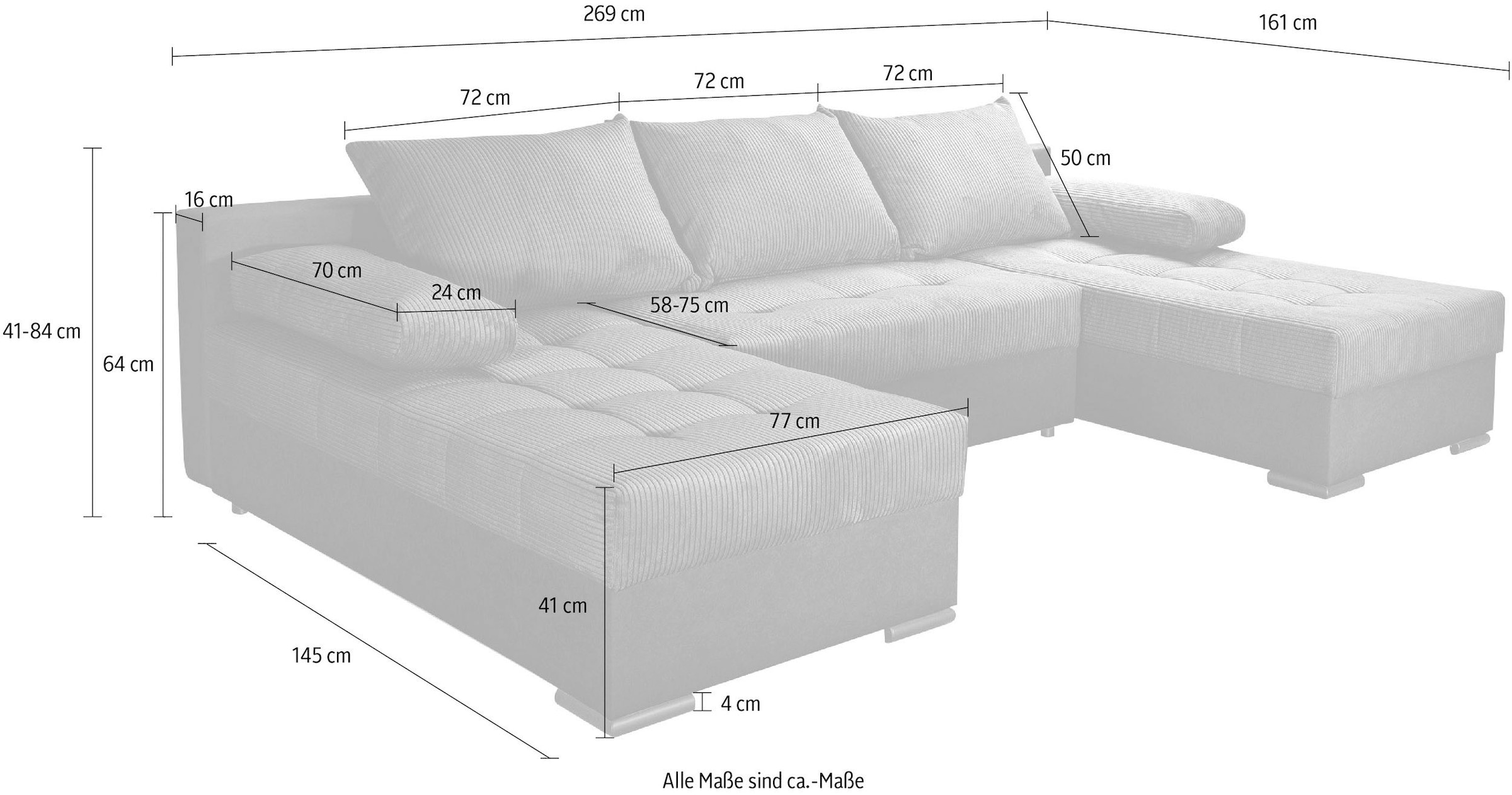 COLLECTION AB Wohnlandschaft »Josy U-Form, B: 269 cm« mit Bettfunktion & Bettkasten, Federkern