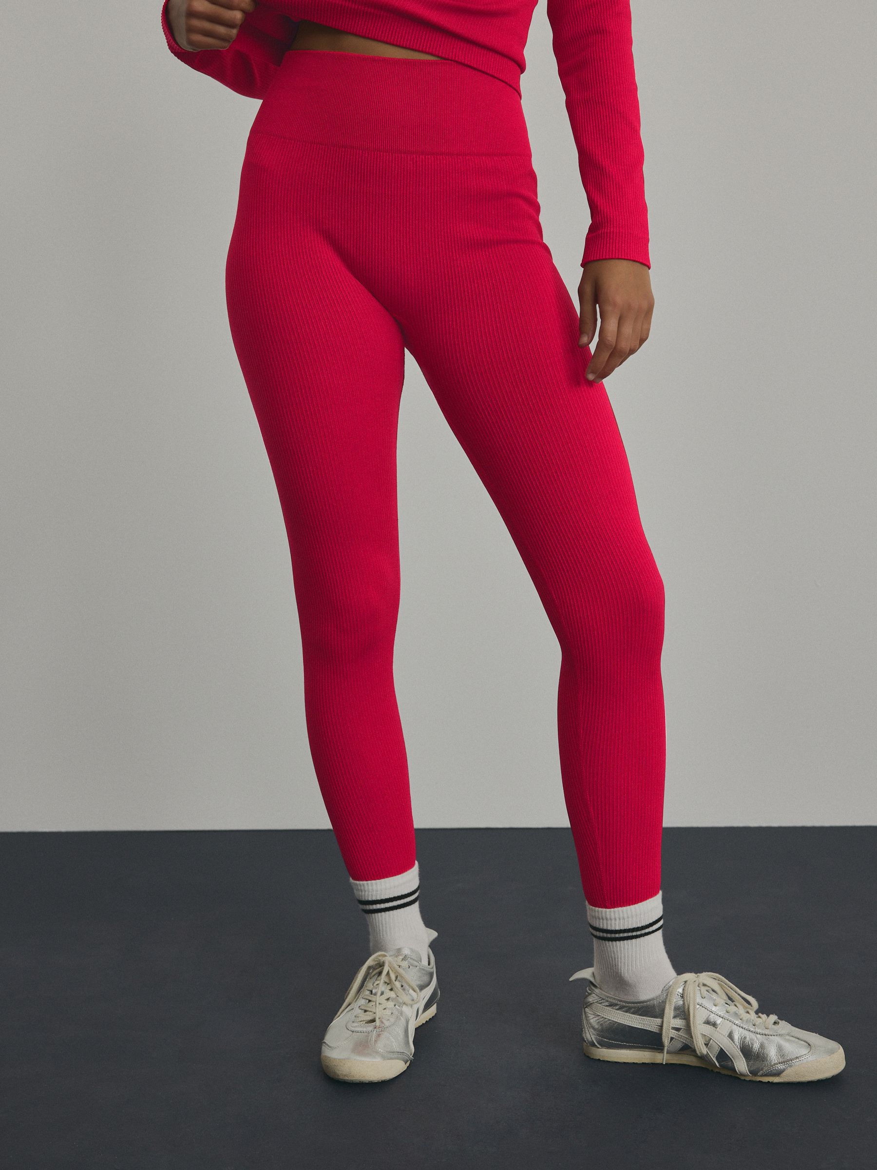 Rood - Geribbelde naadloze legging met hoge taille