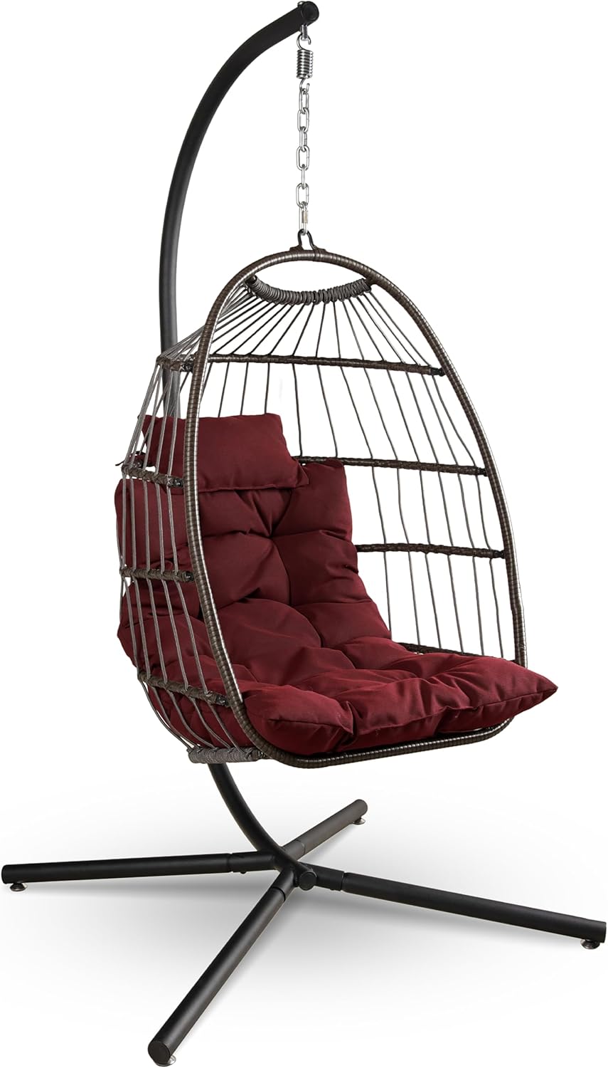 SereneLife Hängesessel mit Gestell Rot – Schaukelstuhl Relaxsessel bis 250kg Faltbarer Hängesessel mit dicken Kissen für Balkon, Garten, Indoor - Wetterfest & platzsparend