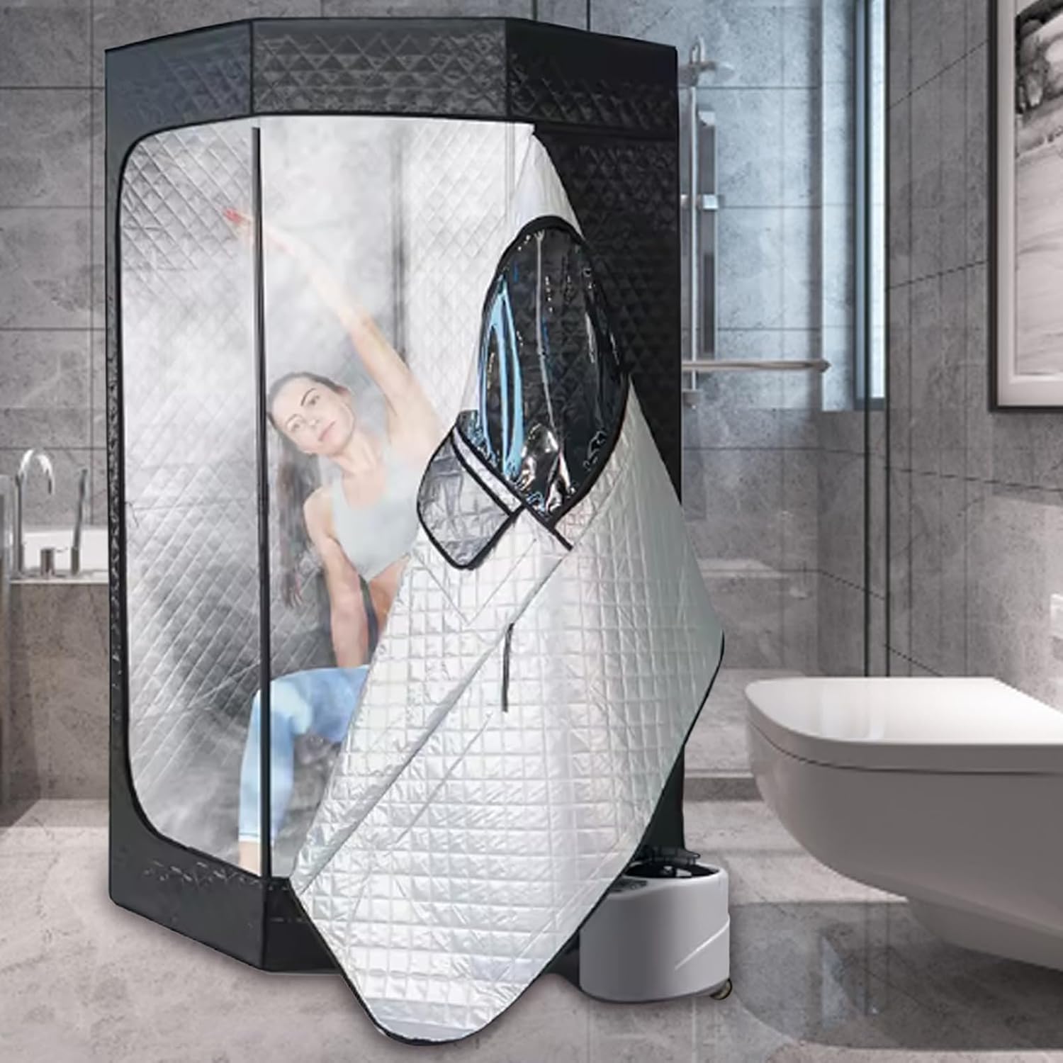 Sauna Saunazelt, 1200W Saunakabine Dampferzeuger Sauna Dampfsauna für Zuhause Draussen Tragbare Saunazelt Timer & 9 Temperaturstufen mit Dampfsauna 3L Dampftopf Fernbedienung Klappstuhl 180CM(H)