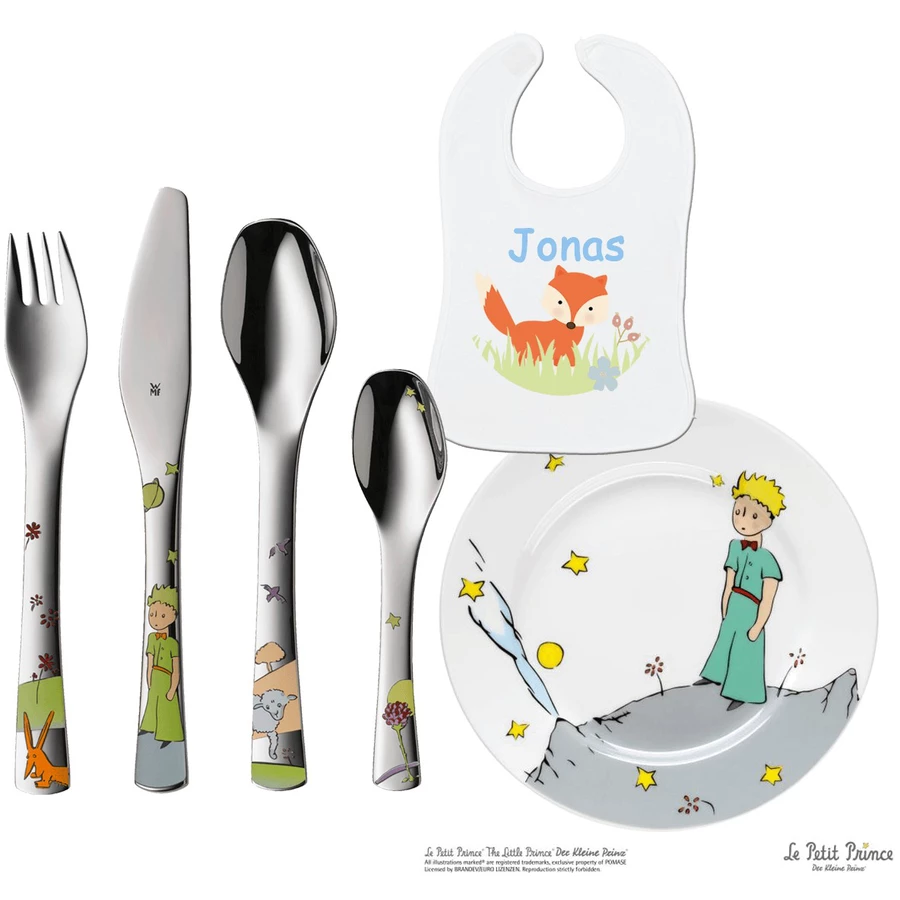 Schnullireich Geschenkset mit Namen Kleiner Prinz WMF Kinderbesteck + Teller + Lätzchen Silber