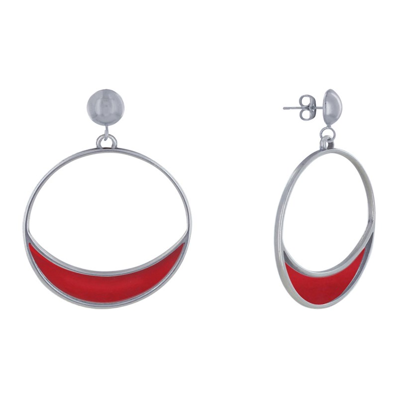 Boucles d'Oreilles Clous Métal Argenté Cercle et Croissant de Lune Translucide Coloré