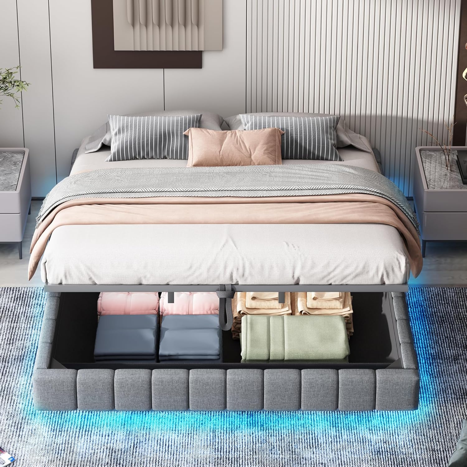 Bett 180x200 mit Stauraum, Multifunktionales Polsterbett mit Bettkasten und Schwebebettrahmen, einfacher Boxbett Jugendbett ohne Kopfteil, Leinen, Grau