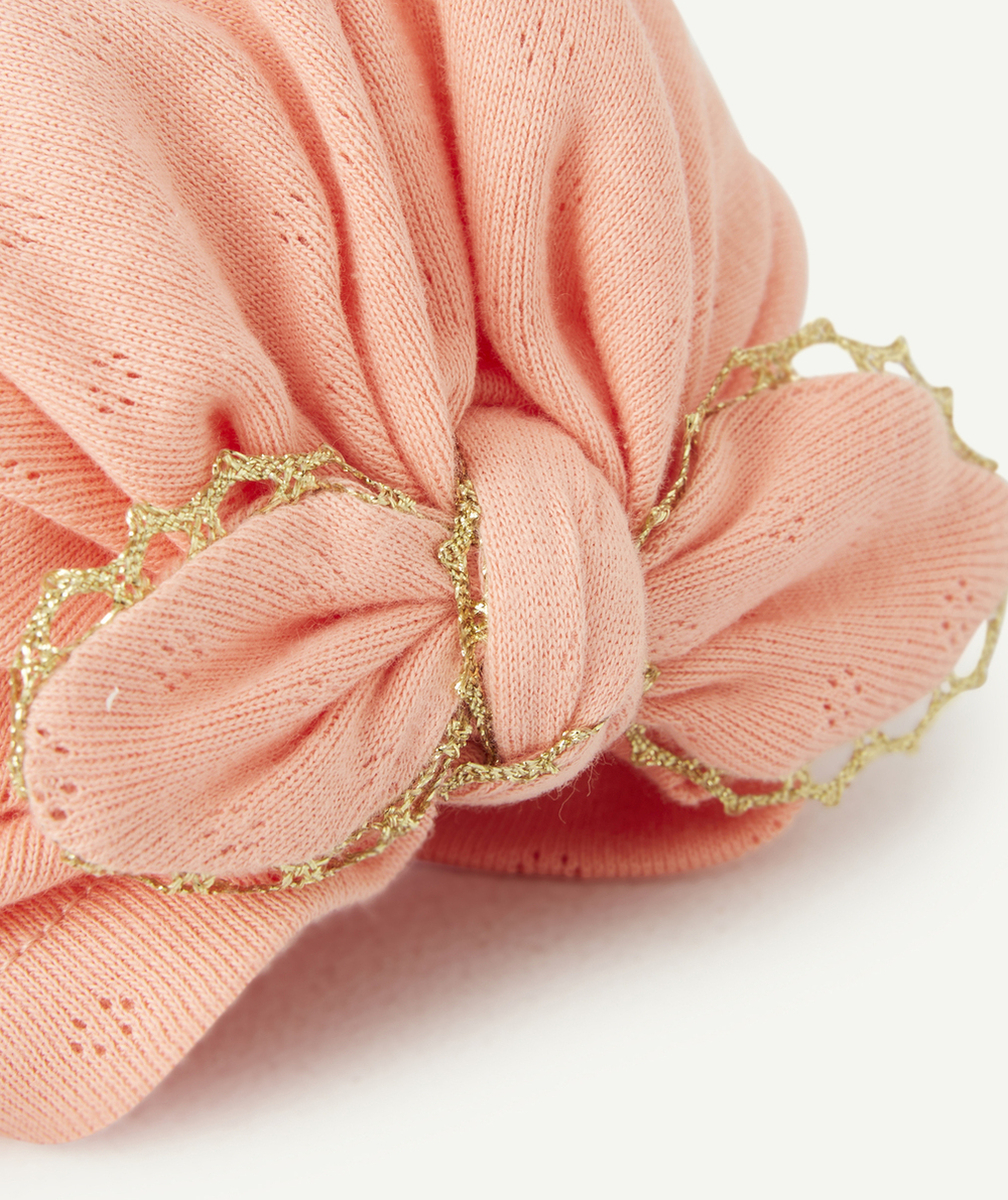 TURBAN BÉBÉ FILLE ROSE AVEC NOEUD ET DÉTAILS COULEUR DORÉE