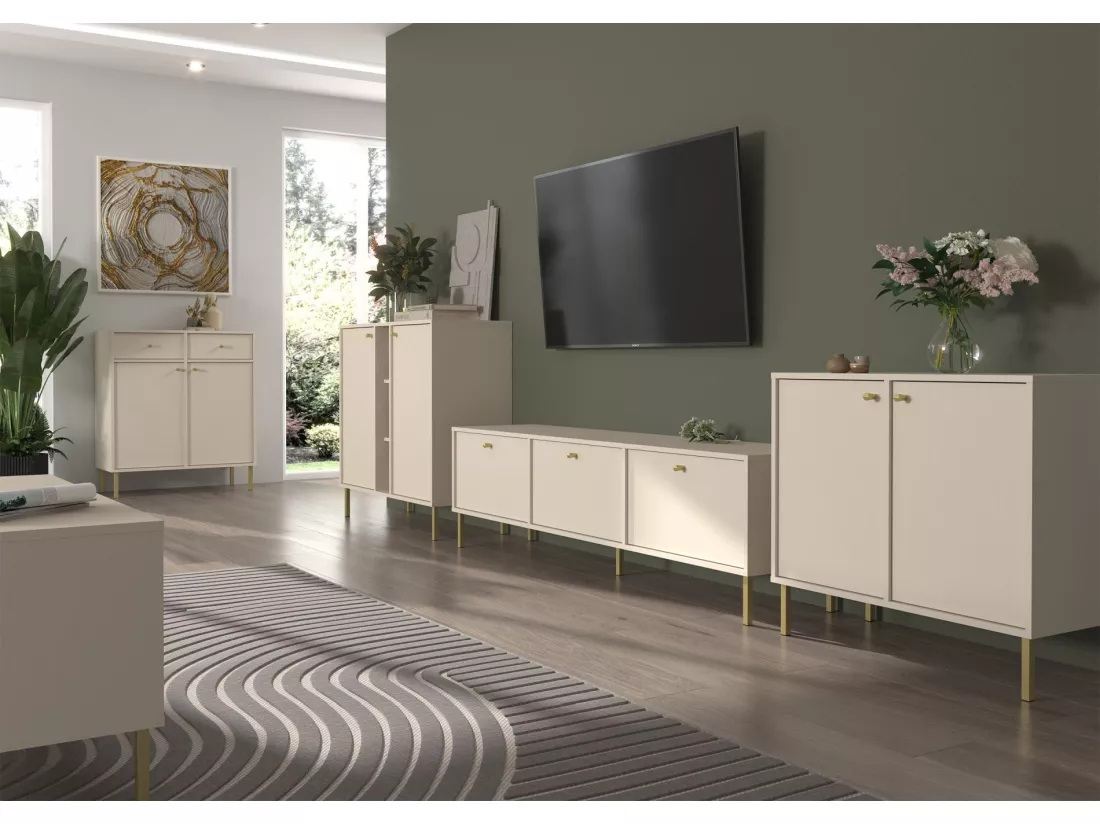 Buffet 3 portes avec étagères - 159 cm - beige - OKTIO
