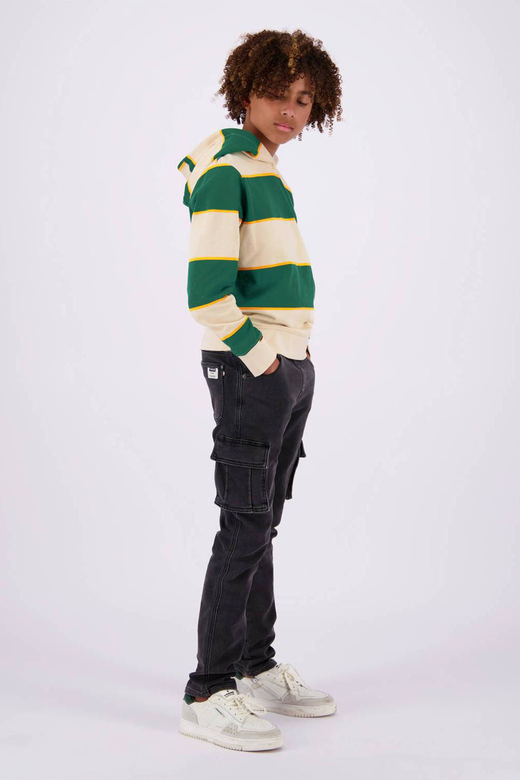Vingino gestreepte hoodie Neal donkergroen/zand