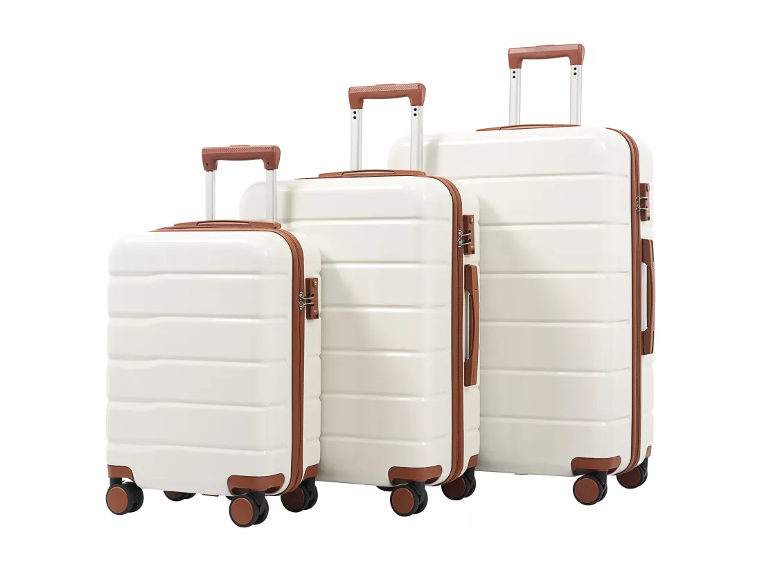 Bagage à main de 3 pièces20&24&28 pouces - en matériau ABS+PC - doubles roues pivotantes à 360° et Serrure TSA - blanc