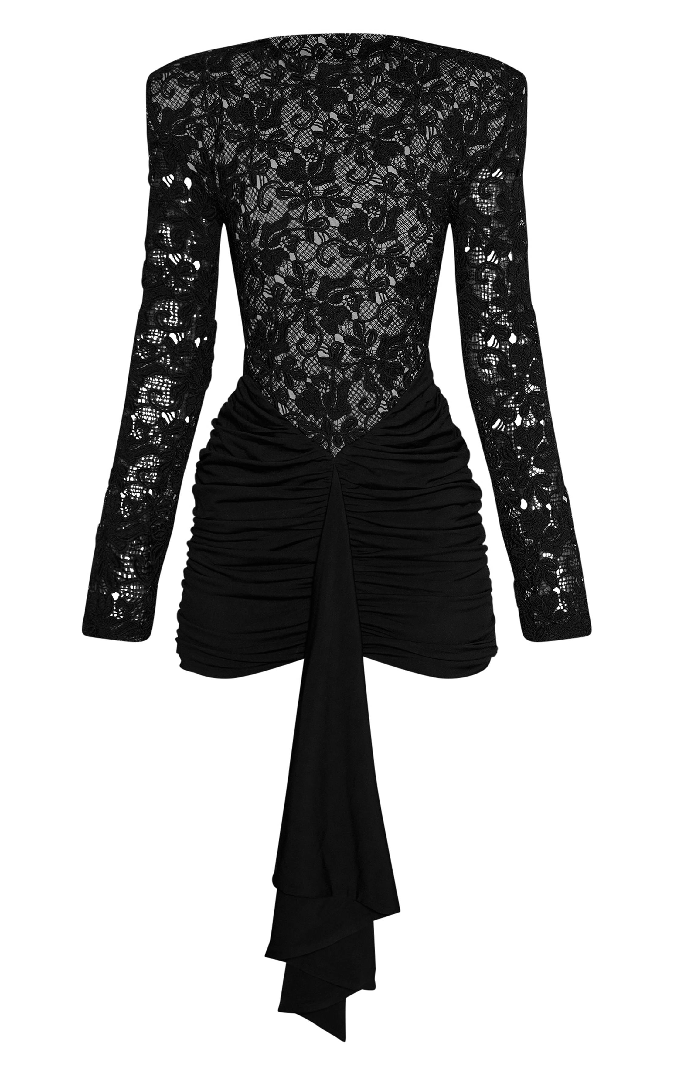 Noir Robe Moulante En Tissu Satiné Froncé À Dentelle Et Épaules Extrêmes Plt Label