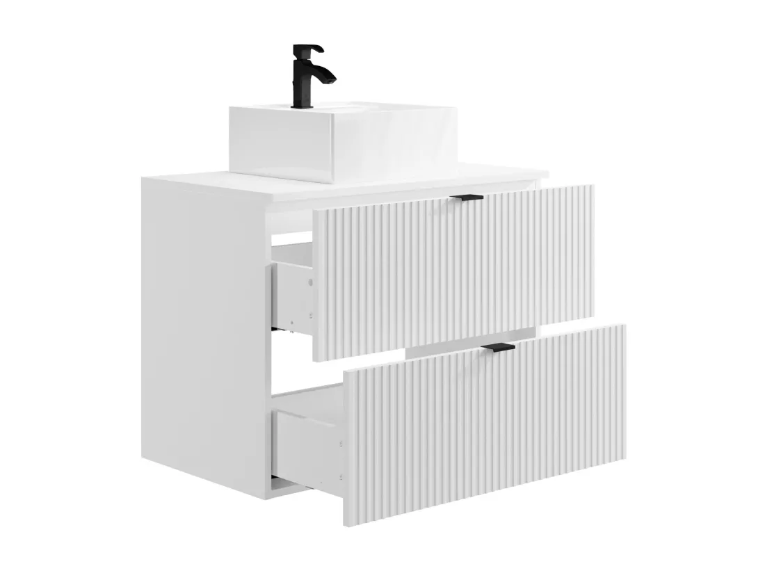 Meuble de salle de bain suspendu strié avec vasque carrée à poser - Blanc mat - 80 cm - ZEVINI