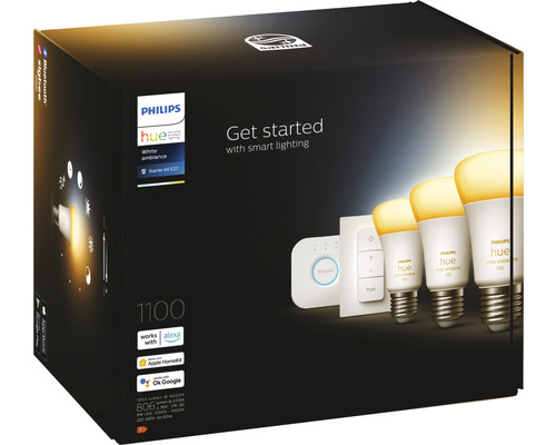 Philips Hue White Ambiance Starterset 3x A60 E27/8W (75W) 1100 lm 2200-6500 K incl. Bridge + Dimmer Switch - Compatibel met SMART HOME van Hornbach