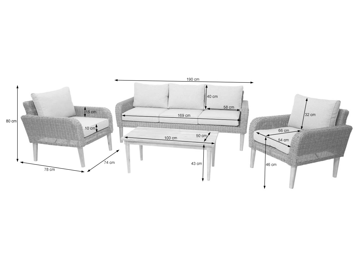 Garnitur MCW-H57, Garten-/Lounge-Set Sofa Sitzgruppe, rundes Poly-Rattan Alu + Akazie Spun Poly MVG ~ Kissen hellgrau