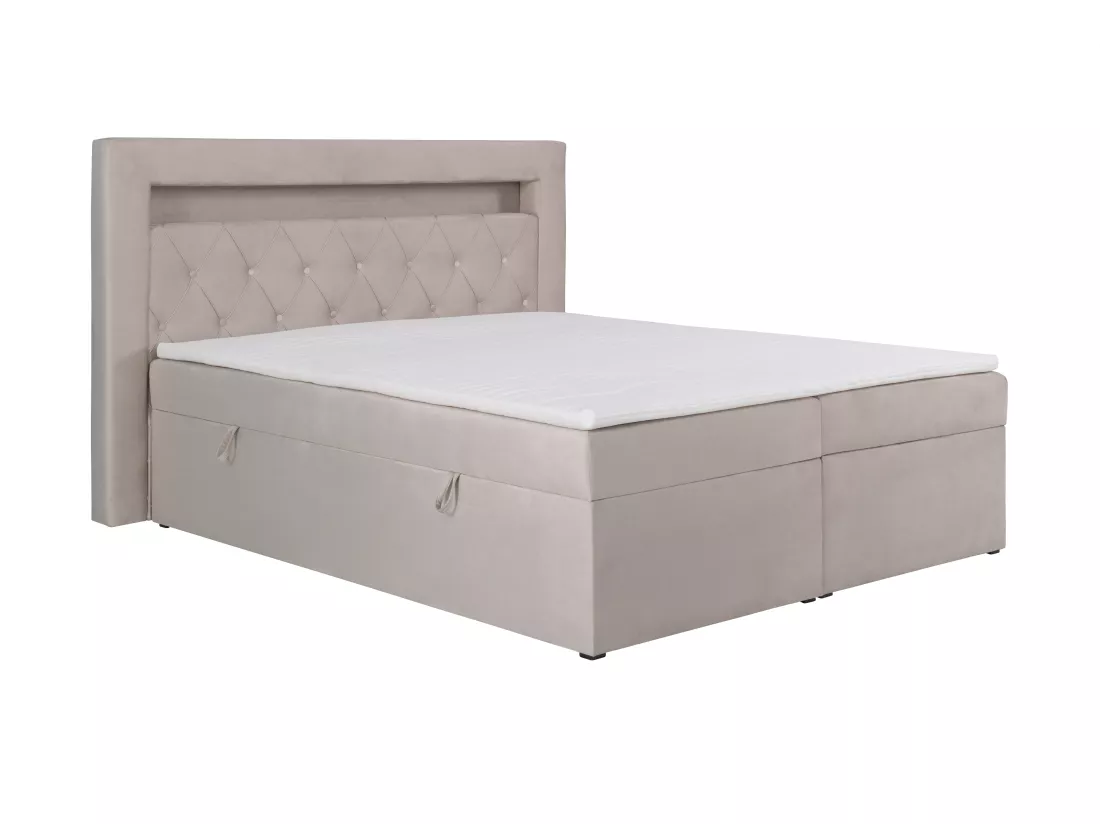 Ensemble complet literie déco tête de lit avec led + sommiers coffre + matelas + surmatelas - 160 x 200 cm - Velours - Beige - ORANA de YSMÉE