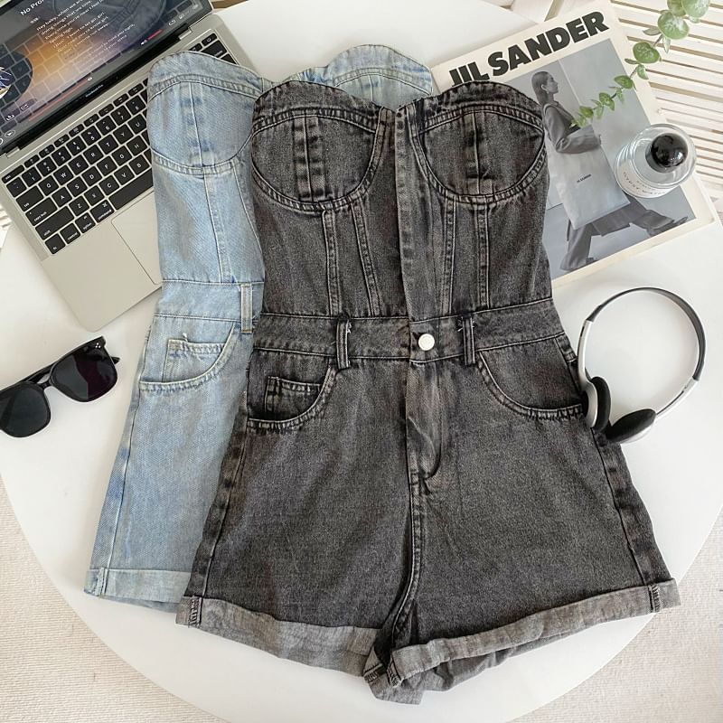 Iasia - Strapless gewassen denim romper