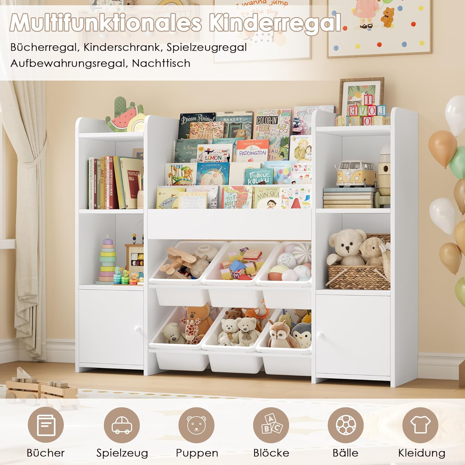 FOREHILL Kinderregal mit Kinderbücherregal Kinderzimmer Möbel aus Holz Bücherregal für Kinder mit Aufbewahrungsbox Kinderschrank mit Spielzeugkiste Kinderregal mit 6 Boxen 119 x 29,5 x 94 cm weiß