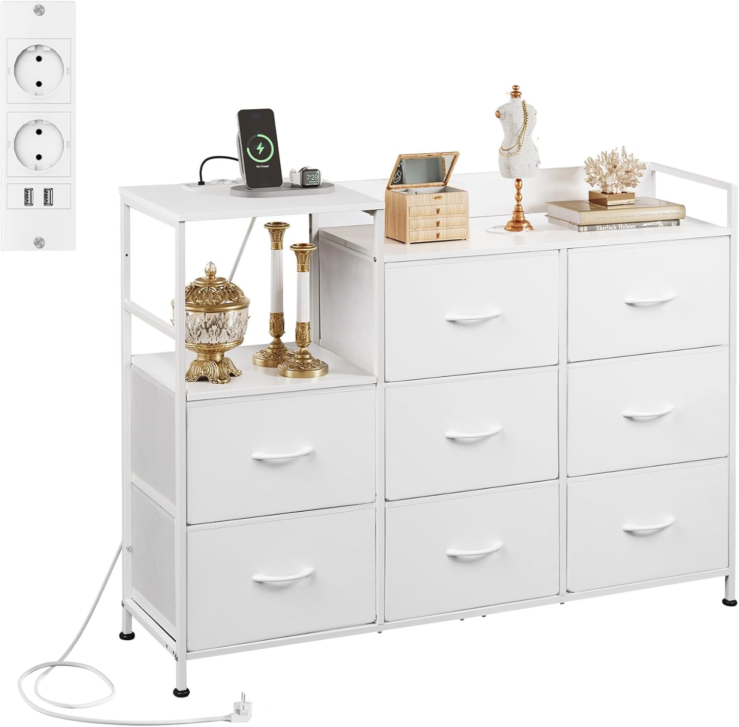 WLIVE Kommode mit Schubladen, 2 USB & 2 AC-Anschlüssen, 8 Schubladen aus Stoff - Geeignet für Multifunktionaler Schubladenschrank für Schlafzimmer und Wohnzimmer, Weiß
