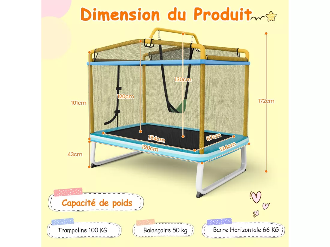 3 en 1 Trampoline Extérieur Enfants Rectangulair (190x124cm) avec Balançoire & Barre Horizontale, Trampoline de Jardin avec Filet de Sécurité, Charge Max 110kg, Jaune