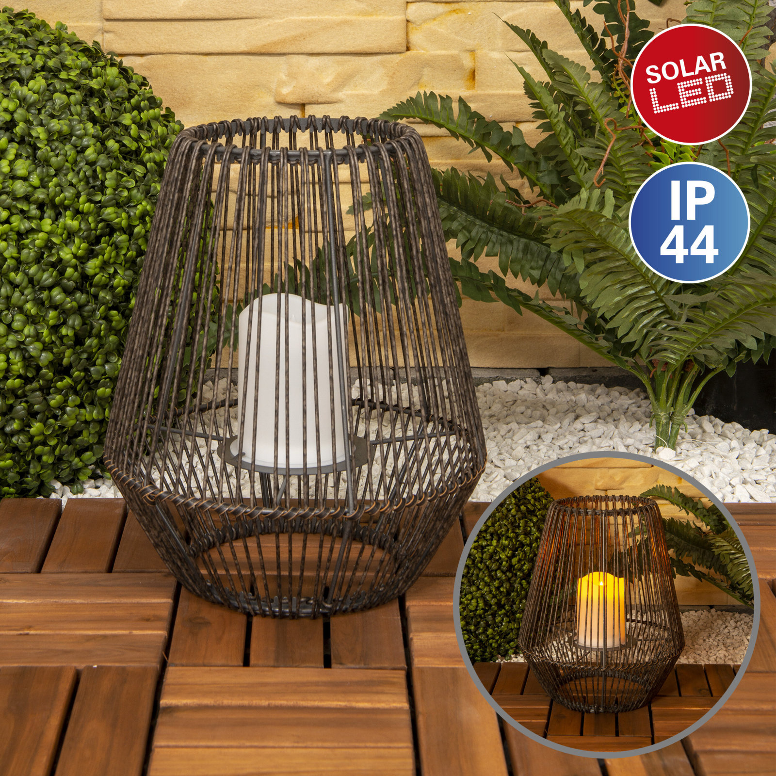 LED-Solarl-Laterne PLASTO - braun - mit Flammeneffekt