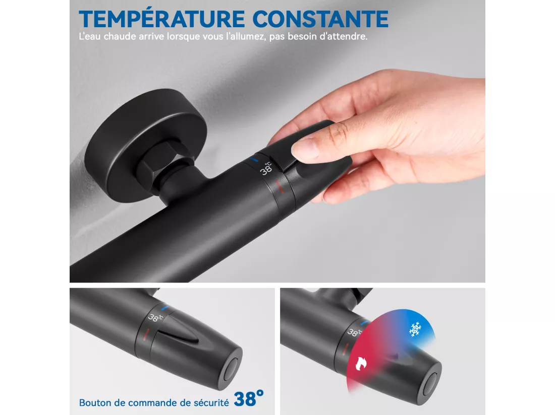 Auralum Max Mitigeur de Douche Thermostatique à Fixation Murale Anti-brûlure, Robinet d'Eau Chaude/Froide,Température Constante de 38°,Noir