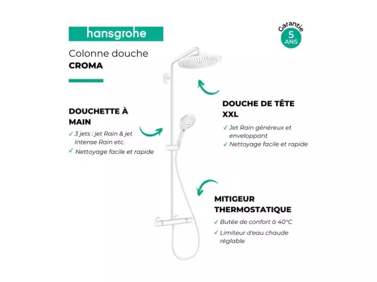 Colonne de douche thermostatique HANSGROHE Croma Select S 280 blanc mat + tablette AddStoris
