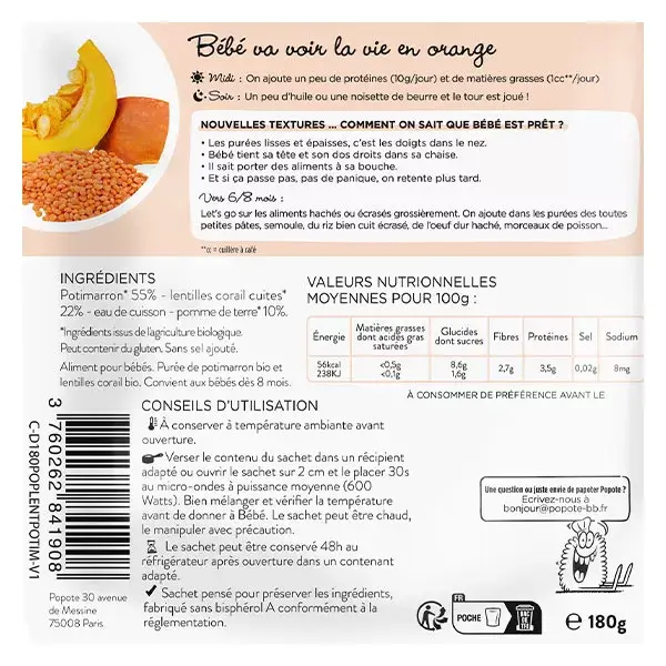 Popote les Moulinés Potimarron Lentilhas Corail +8 meses Orgânico 180g