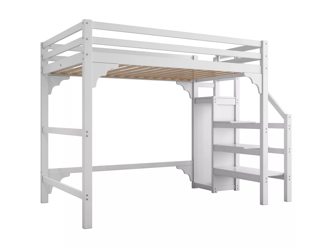 Lit mezzanine 140x200cm, lit d'enfant avec sommier à lattes, escalier avec armoire de rangement, anti-chute, blanc