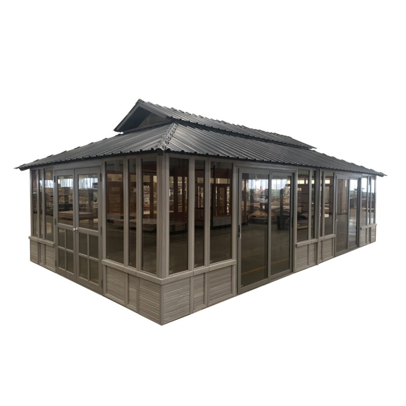 Gazebo de madeira maciça para pátio, 8,5 m de largura x 4,7 m de profundidade.