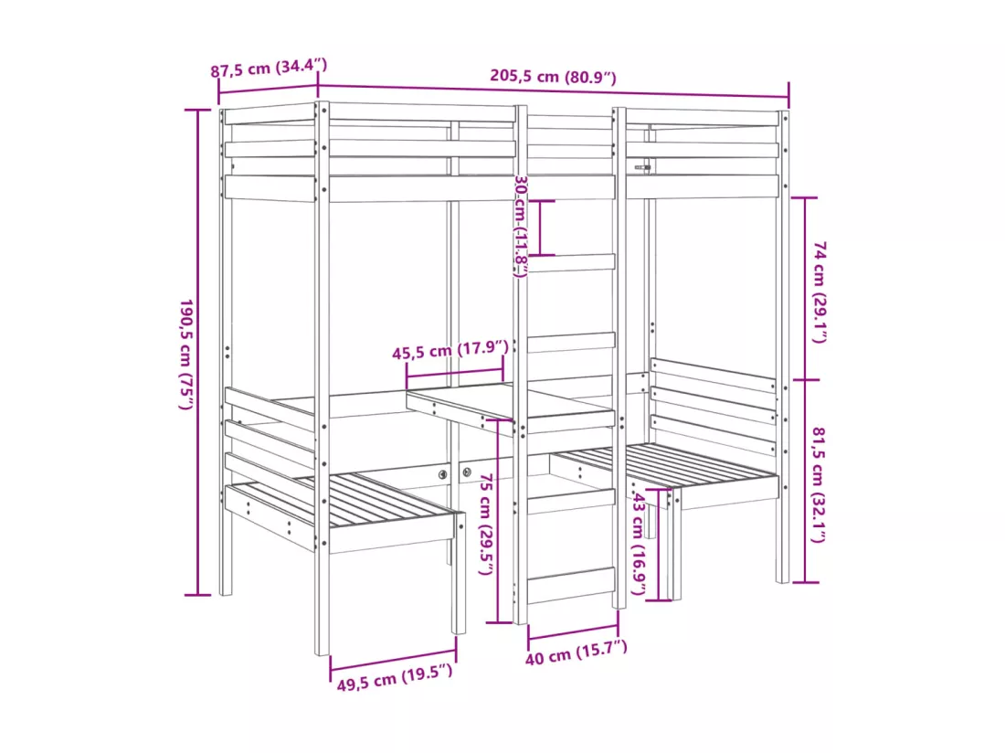 Lit mezzanine avec bureau et chaises brun cire 80x200 cm pin
