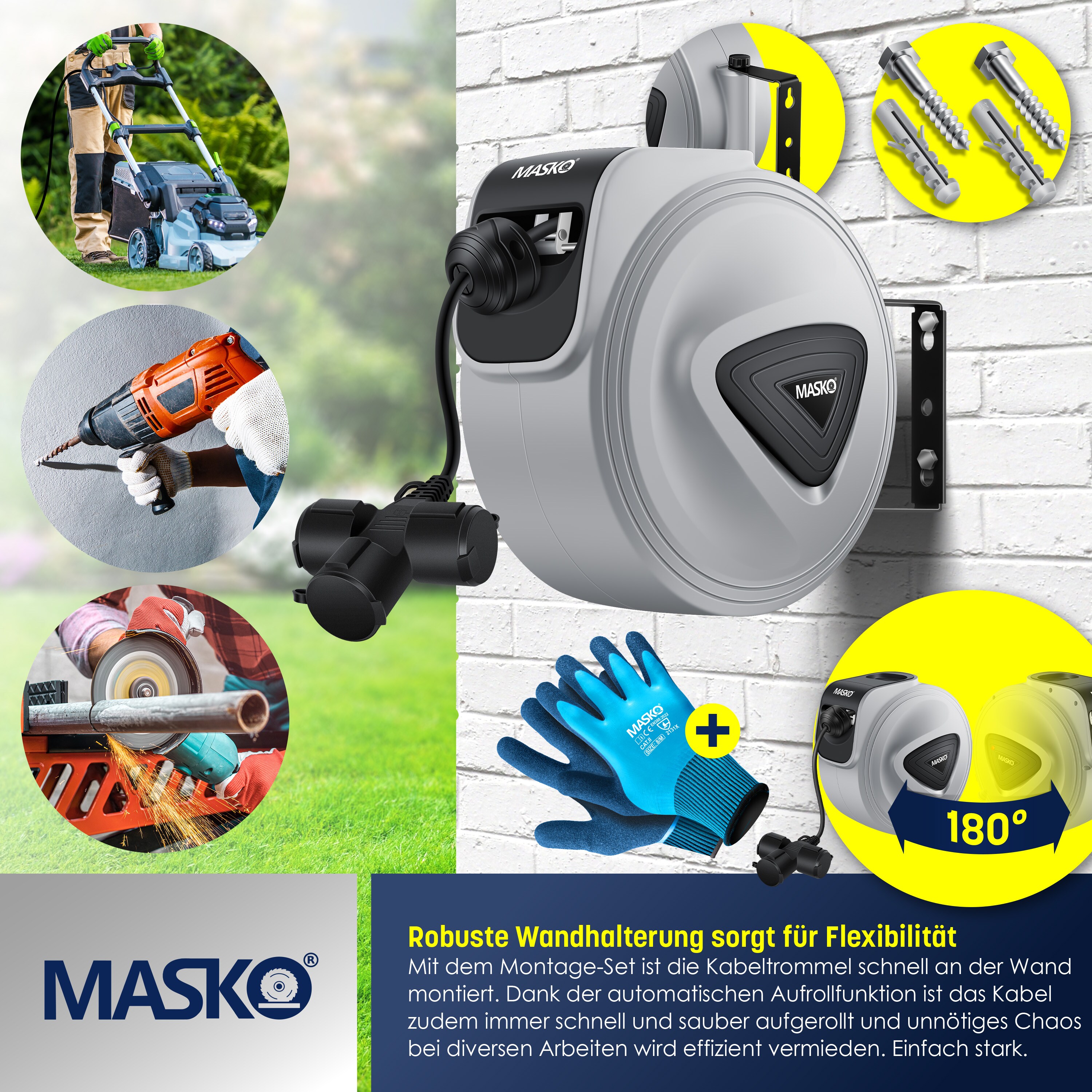 MASKO® Automatik Kabeltrommel Verlängerungskabel mit 3-Fach Anschluss 180° drehbar 1,5m Zuleitung Wandhalterung Werkstatt Kabelaufroller Automatisch Stromtrommel Schlauchaufroller Inkl. Handschuhe