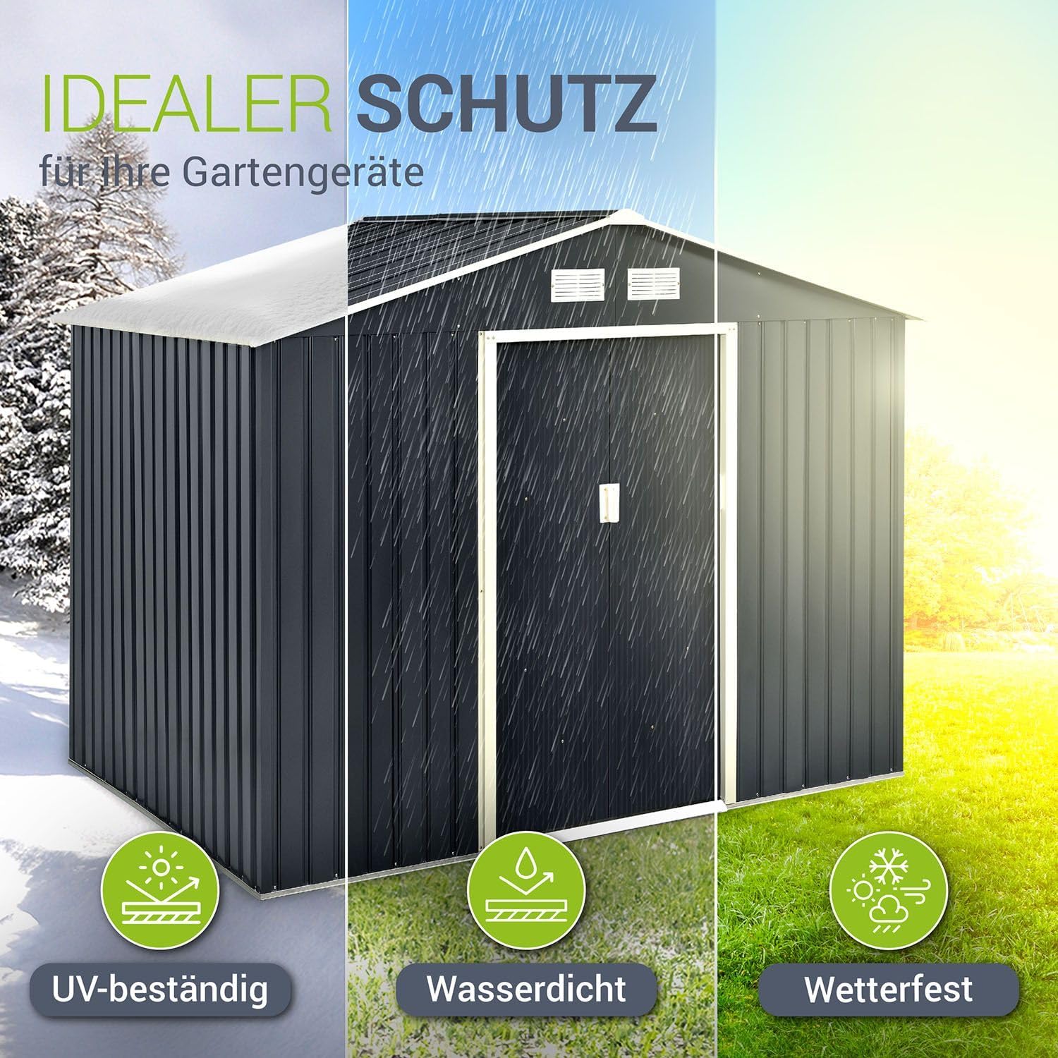 Juskys Metall Gerätehaus XL 9m³ mit Satteldach, Schiebetür & Fundament - 277 x 191 x 192 cm - anthrazit - Geräteschuppen Gartenhaus Metallgerätehaus