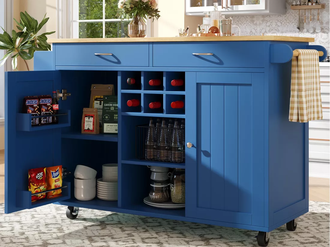 Ilot central de cuisine mobile avec 2 portes et 2 tiroirs - 102x45x92 cm - Bois MDF - Bleu et naturel