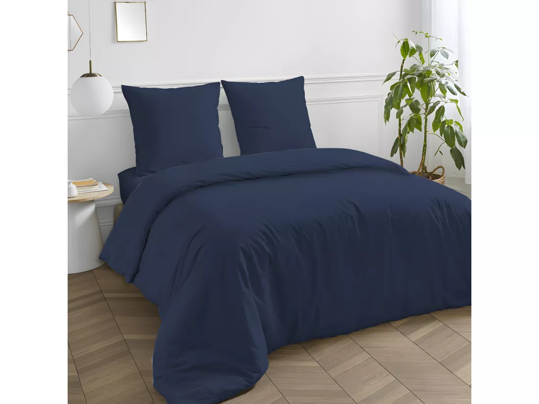 Housse de couette en coton 57 fils unie bleu 140x200cm