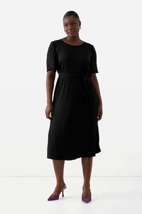 Plissee-Midikleid, A-Linie, Rundhals, Gürtel, Halbarm