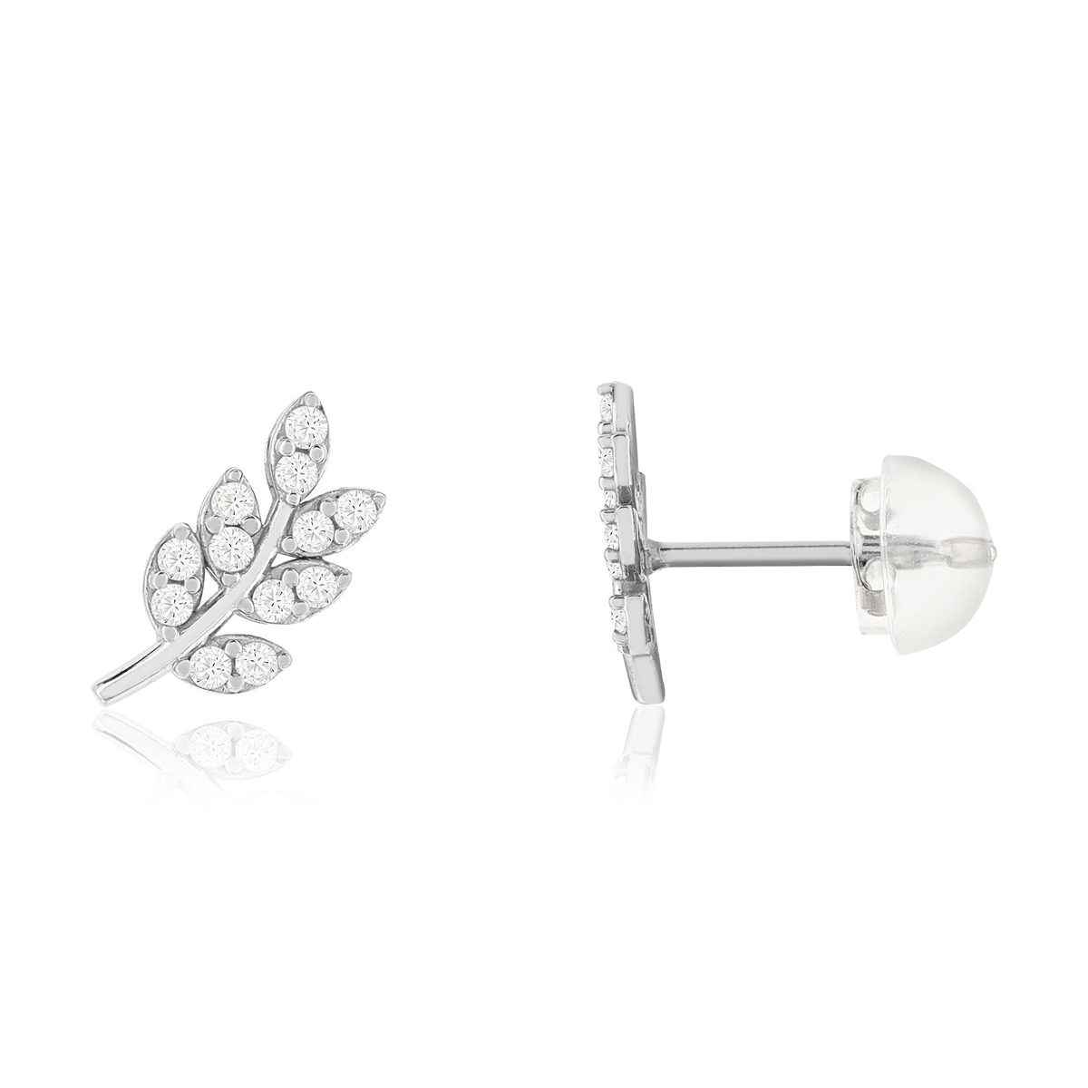 Boucles d'oreilles or 375 blanc zirconias blancs feuille