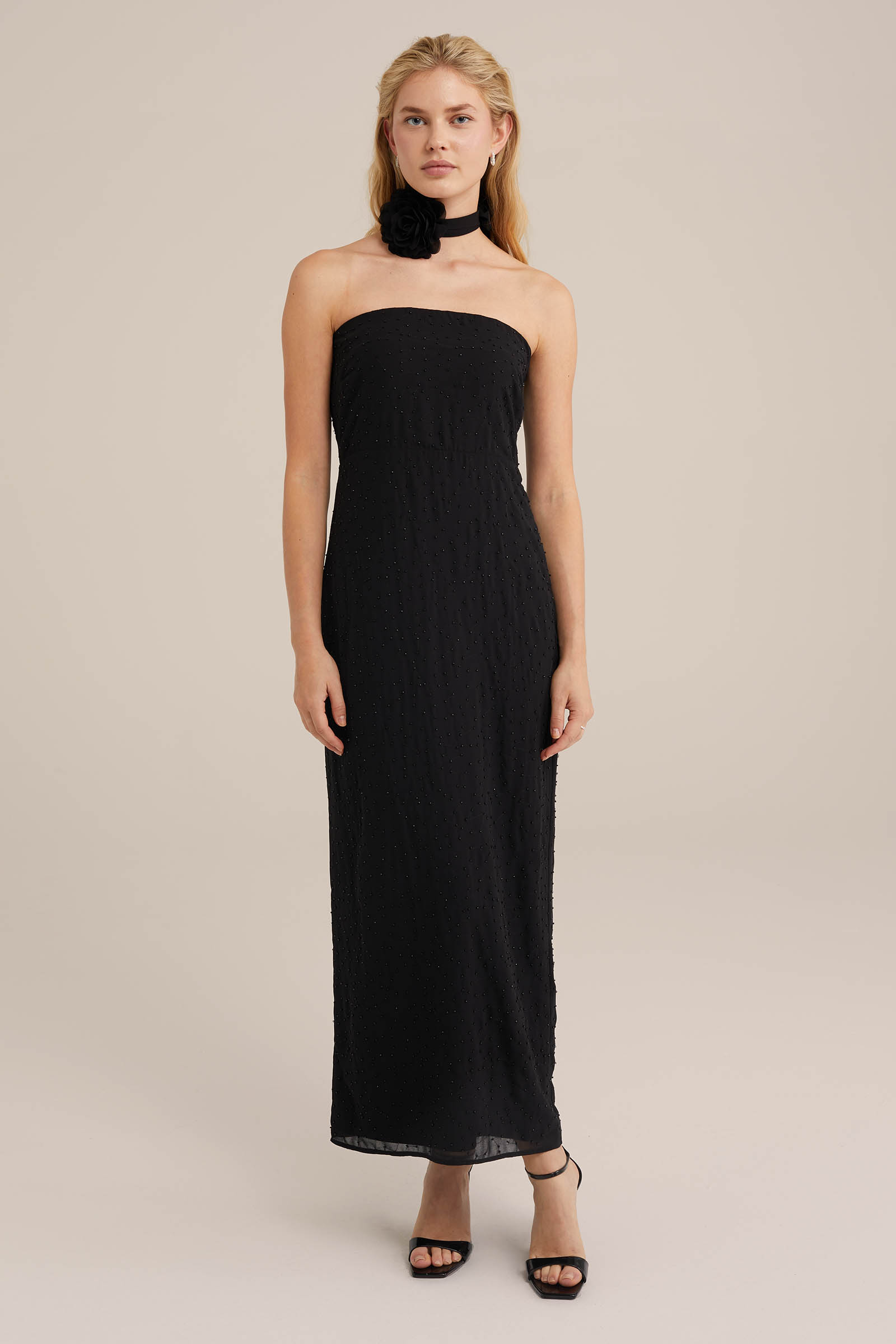 strapless jurk met kralen WE Fashion Zwart