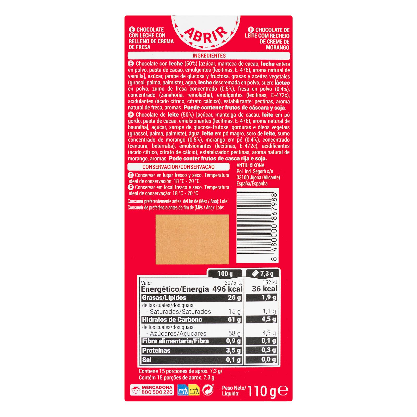 Chocolat au lait Hacendado Fusion fourré à la crème de fraise