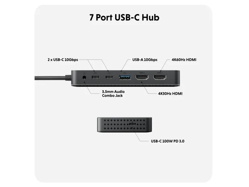HYPER HD7002GL, USB 3.2 Gen 1 (3.1 Gen 1) Type-C, 3.5mm, HDMI, USB 3.2 Gen 1 (3.1 Gen 1) Type-A, USB 3.2 Gen 1 (3.1 Gen 1) Type-C, 10000 Mbit/s, 60 Hz, 3840 x 2160, Sort