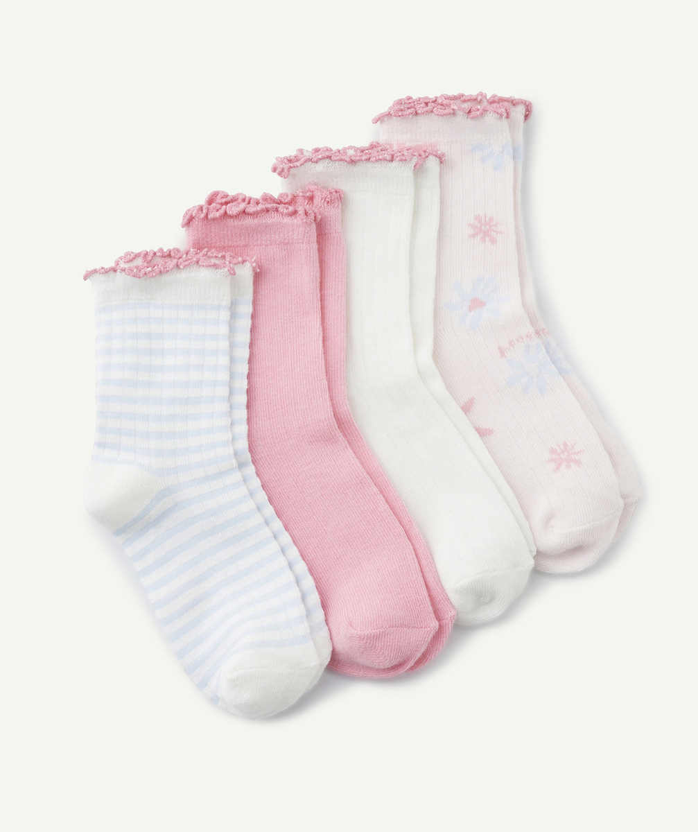 LOT DE 4 CHAUSSETTES HAUTES FILLE ROSE ET BLANC AVEC BORDS FESTONNÉS