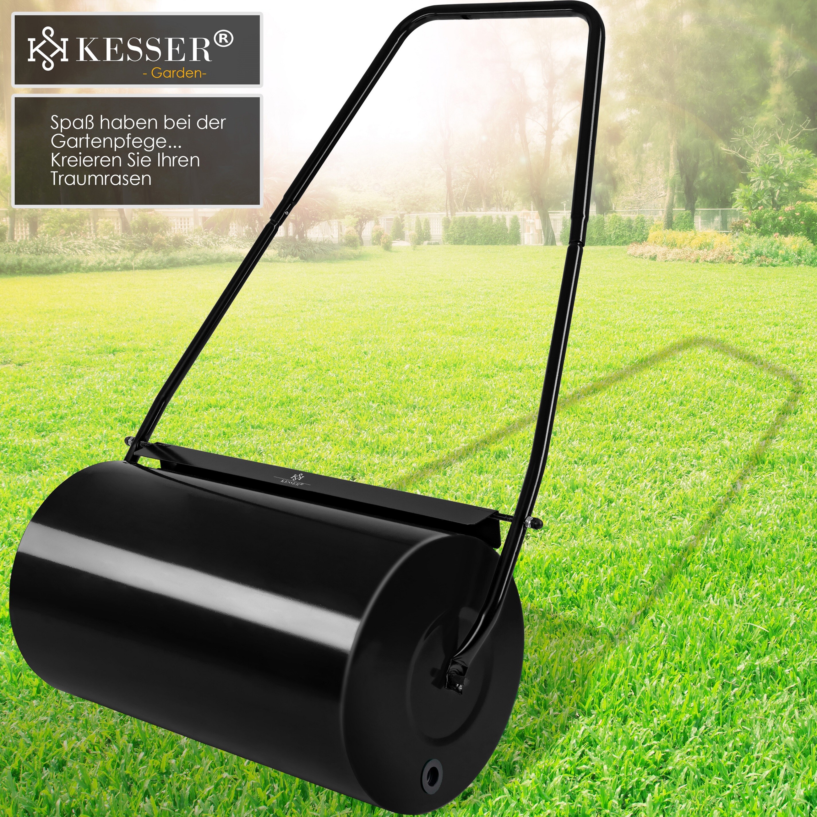 KESSER® Rasenwalze 60cm 48L Füllvolumen Metall mit Schmutzabweiser & Handschuhen Handwalze Rasenroller Gartenwalze Ackerwalze Walze befüllbar mit Wasser / Sand 60 kg