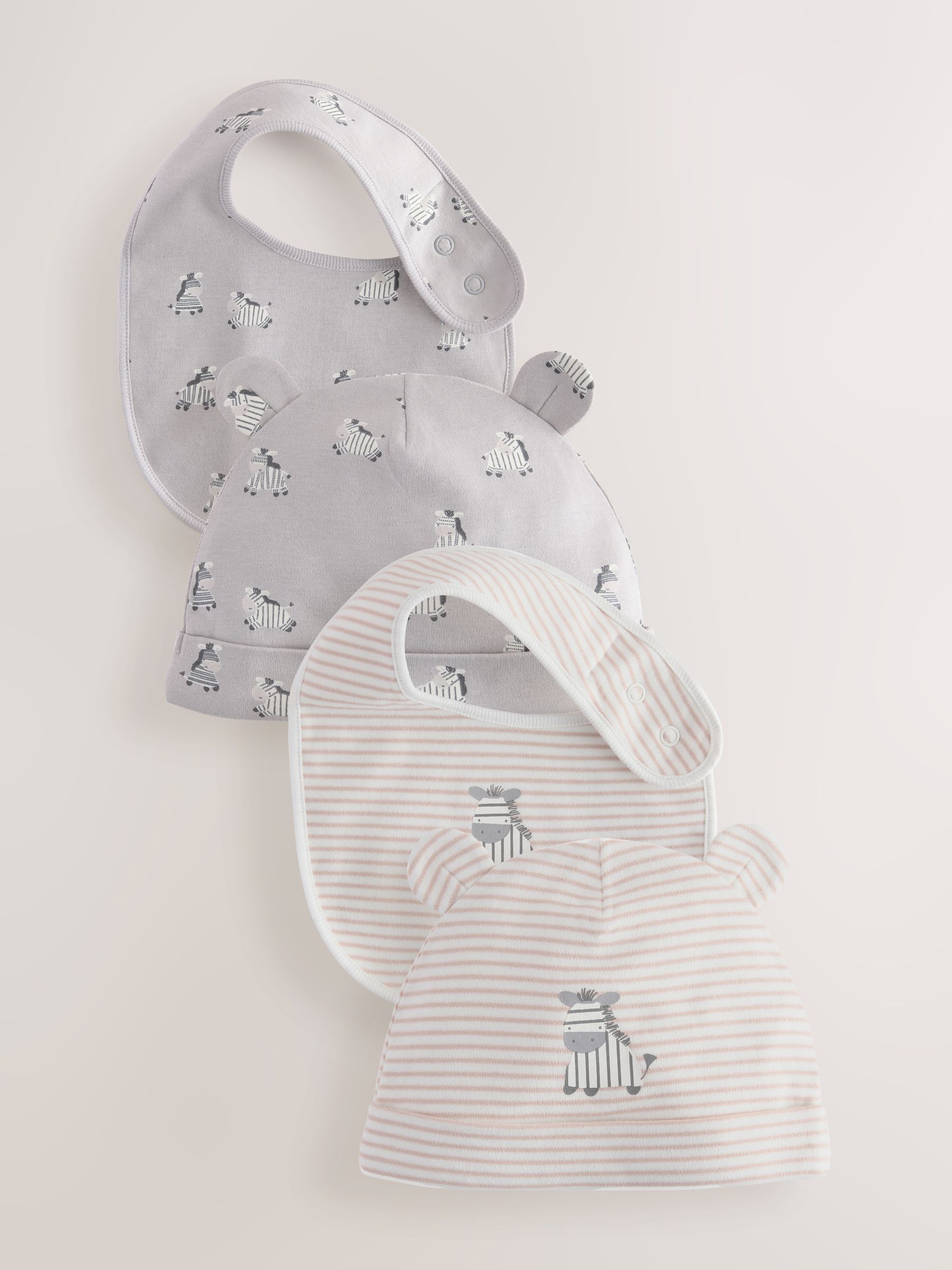 Grijs/Neutraal met zebraprint - Muts en slabbetje babyset 4 -delig (0-12mnd)
