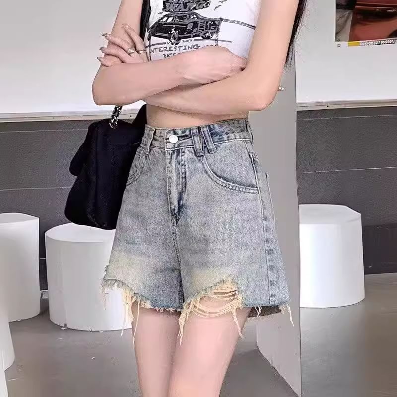 deersweeti - Hoge taille gewassen, versleten denim hotpants