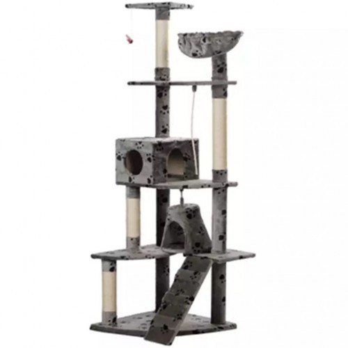 Poste arranhador para gatos, cinza, com pegadas.