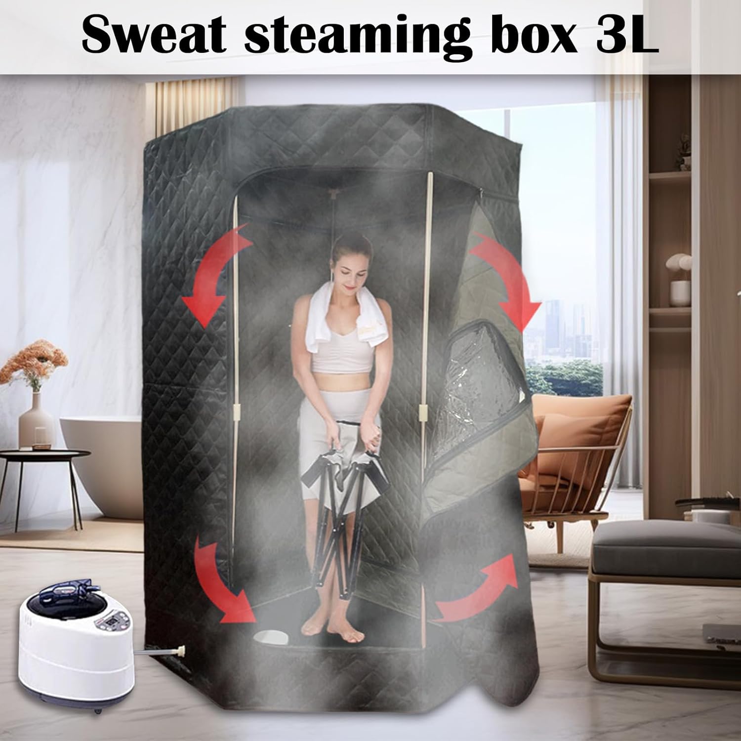Sauna Saunazelt, 1200W Saunakabine Dampferzeuger Sauna Dampfsauna für Zuhause Draussen Tragbare Saunazelt Timer & 9 Temperaturstufen mit Dampfsauna 3L Dampftopf Fernbedienung Klappstuhl 180CM(H)