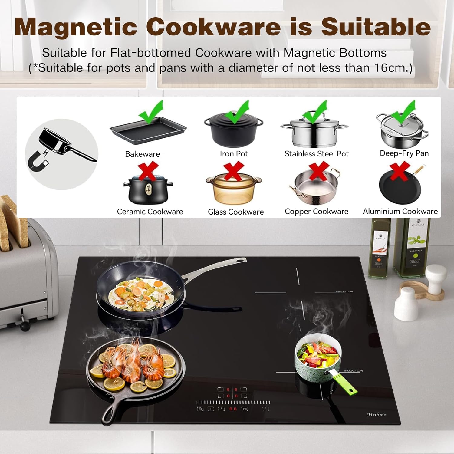 Hobsir Induktionskochfeld mit Stecker, Kochfeld 4 Platten, 60cm Induktionskochfeld, 3500W, Einbau kochfeld mit Flexzone, Kindersicherung, Schieberegler Touch Control
