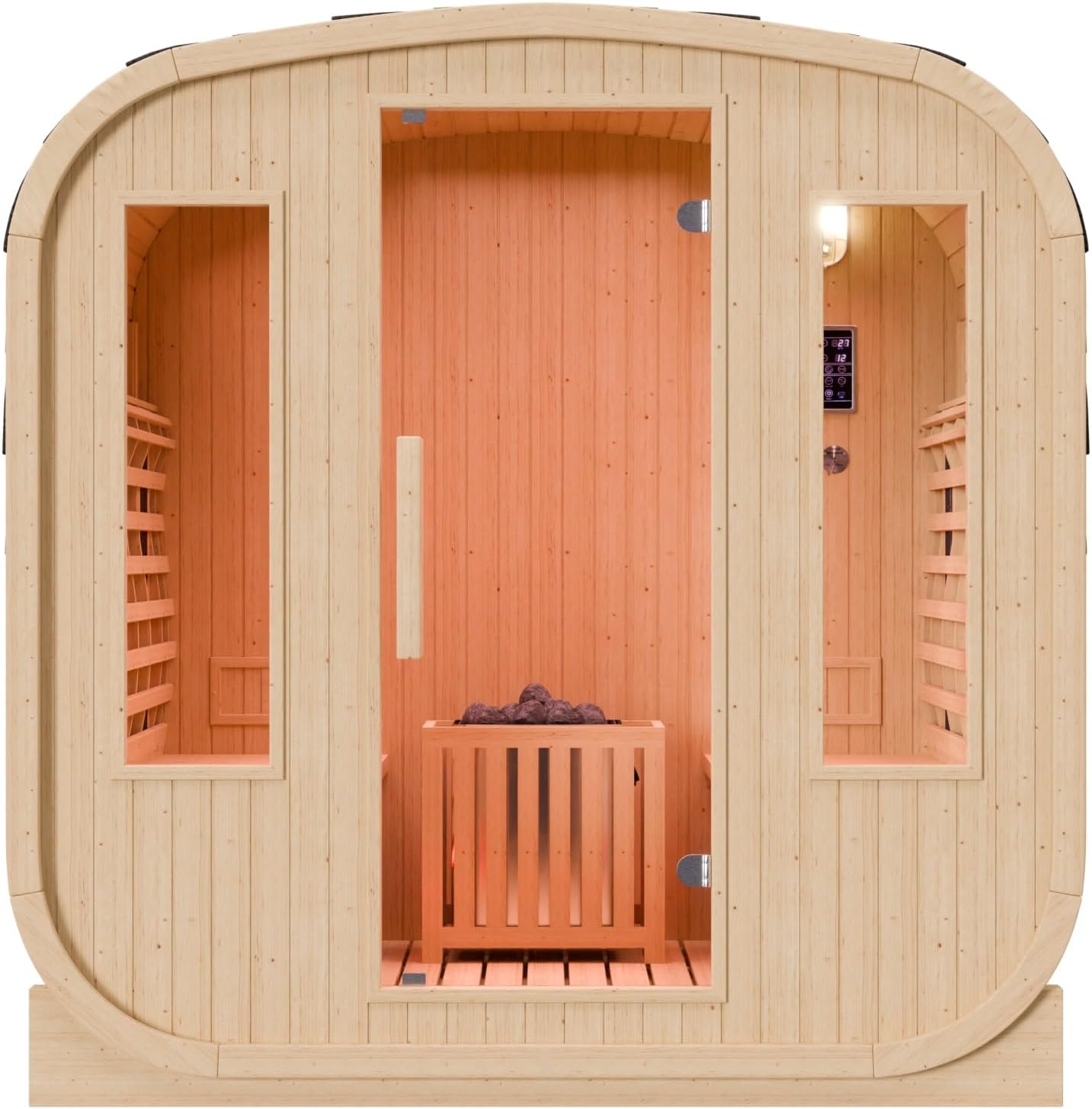 Dewello® - Outdoor Fasssauna Richmond - ca. 200 cm x 180 cm x 200 cm, Fichtenholz - Cube inkl. 10 Infrarotstrahler, Saunaofen und Saunazubehör I Gartensauna, Außensauna, Sauna Fass für 4 Personen