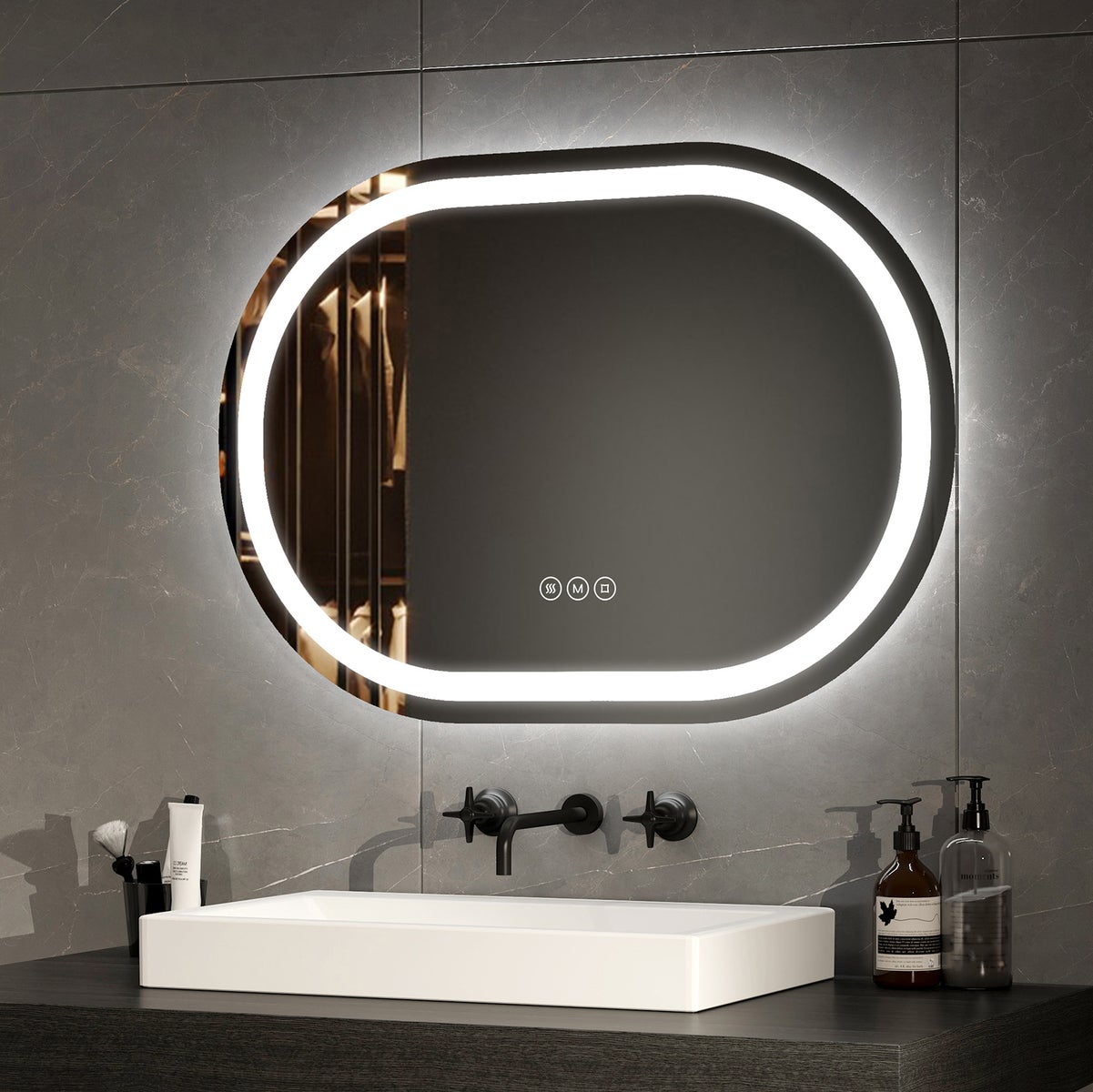 EMKE ovale badkamerspiegel met verlichting, 70x50cm, touchbediening + 3 lichtkleuren + anti-condens
